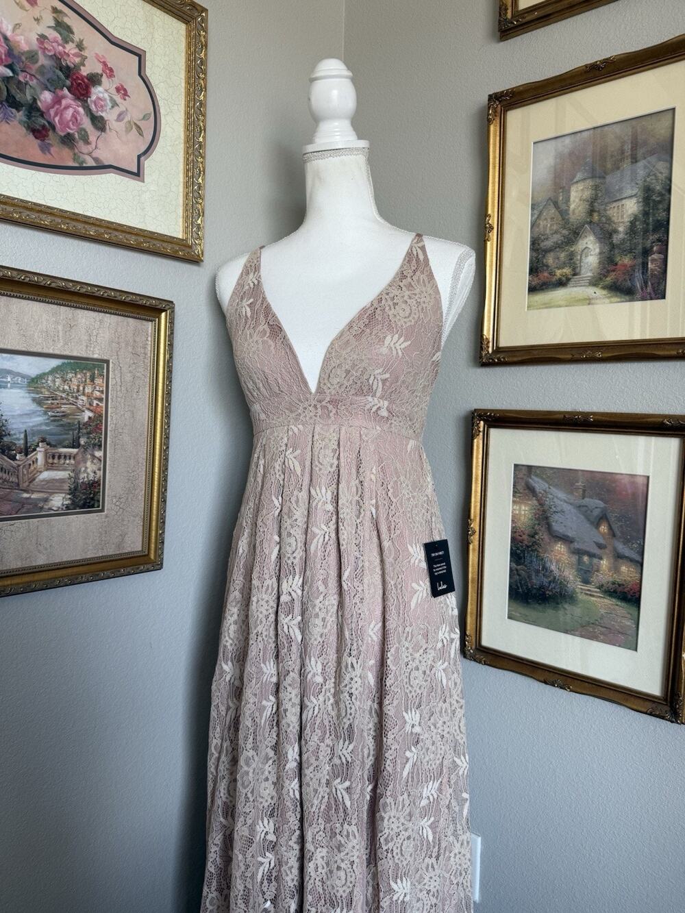 Lulus Stolen Moments Dusty Pink LaceUp Maxi Dress Open Back Wedding Womens S NWT
